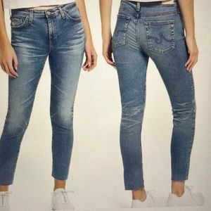 AG Prima medium wash raw hem skinny ankle jeans